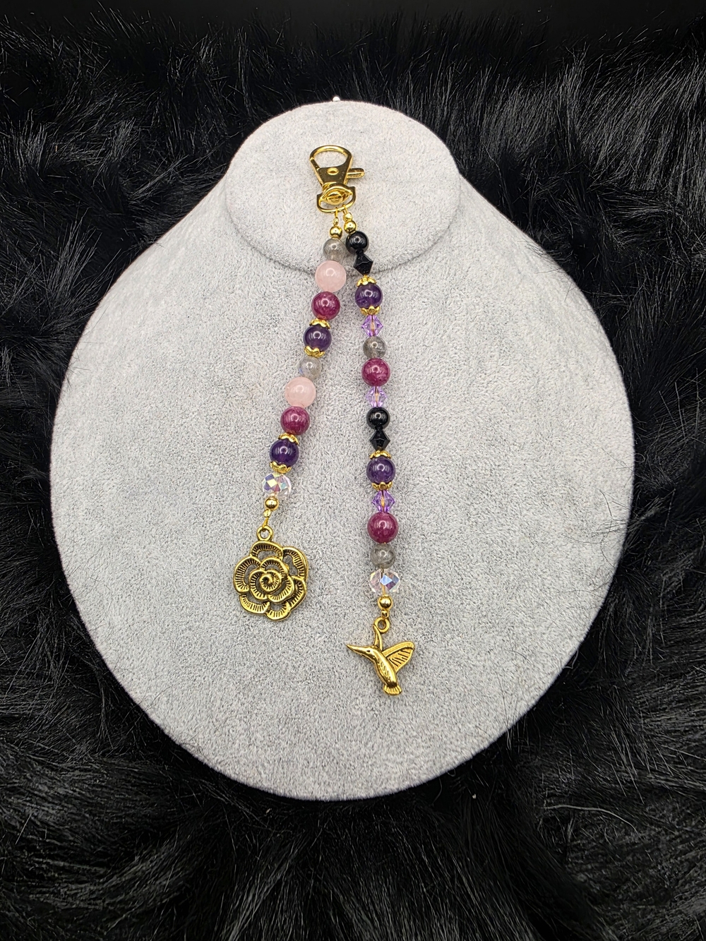 Beaded Pink & Purple Tassel Keychain with Gold Flower & Hummingbird Charms